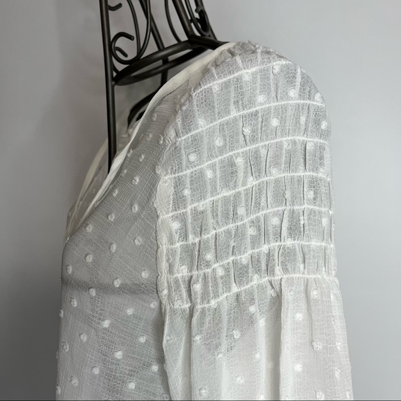 MINKPINK Sheer Dot White V-Neck Tassel Juliette Smocked Blouse Size Medium - Picture 5 of 13